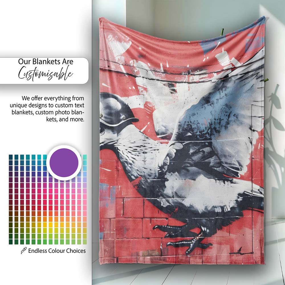 Grey Pigeon in Flight on Red Graffiti Background, All Season Comfort, Decorative Wall Art Style - Super Soft Fleece Blanket Bed Sofa Throw