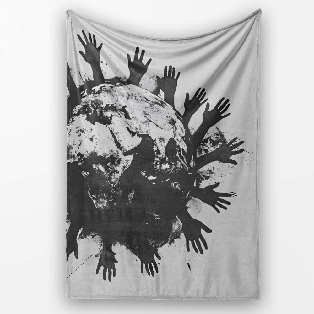 Global Unity Earth With Reaching Hands Monochrome Art, Decorative Comfortable Housewarming Gift - Super Soft Fleece Blanket Bed Sofa Throw