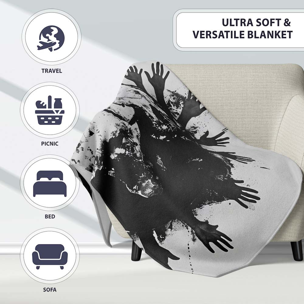 Global Unity Earth With Reaching Hands Monochrome Art, Decorative Comfortable Housewarming Gift - Super Soft Fleece Blanket Bed Sofa Throw