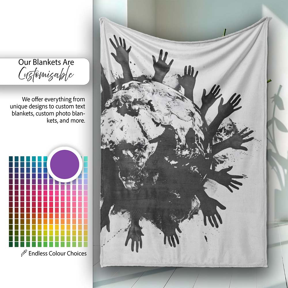 Global Unity Earth With Reaching Hands Monochrome Art, Decorative Comfortable Housewarming Gift - Super Soft Fleece Blanket Bed Sofa Throw