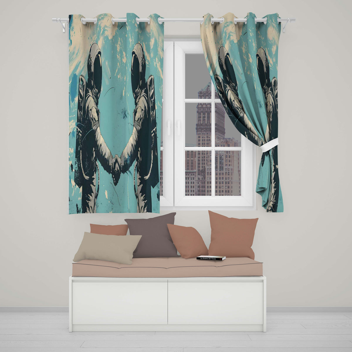Turquoise Astronaut Handshake Space Exploration Art Vibrant Design for Home Decor Readymade Eyelet Ring Top Thermal 100% Blackout Curtains