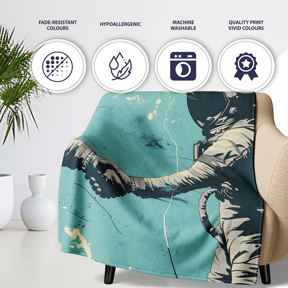 Turquoise Astronaut Handshake Space Exploration Art, All Season Comfort, Modern Interior Accent - Super Soft Fleece Blanket Bed Sofa Throw