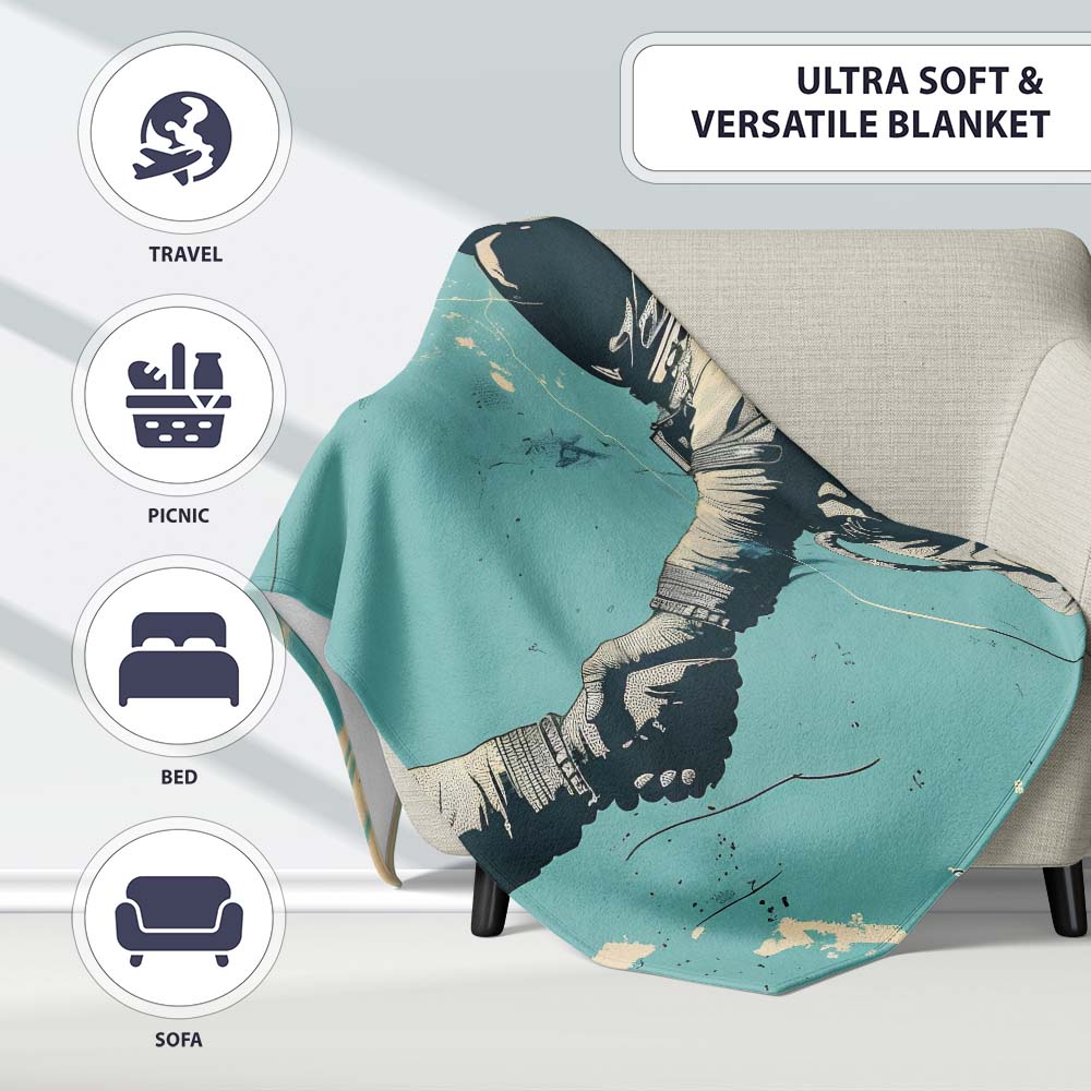 Turquoise Astronaut Handshake Space Exploration Art, All Season Comfort, Modern Interior Accent - Super Soft Fleece Blanket Bed Sofa Throw