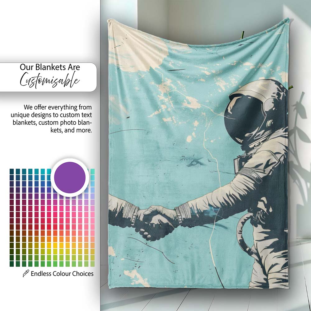 Turquoise Astronaut Handshake Space Exploration Art, All Season Comfort, Modern Interior Accent - Super Soft Fleece Blanket Bed Sofa Throw
