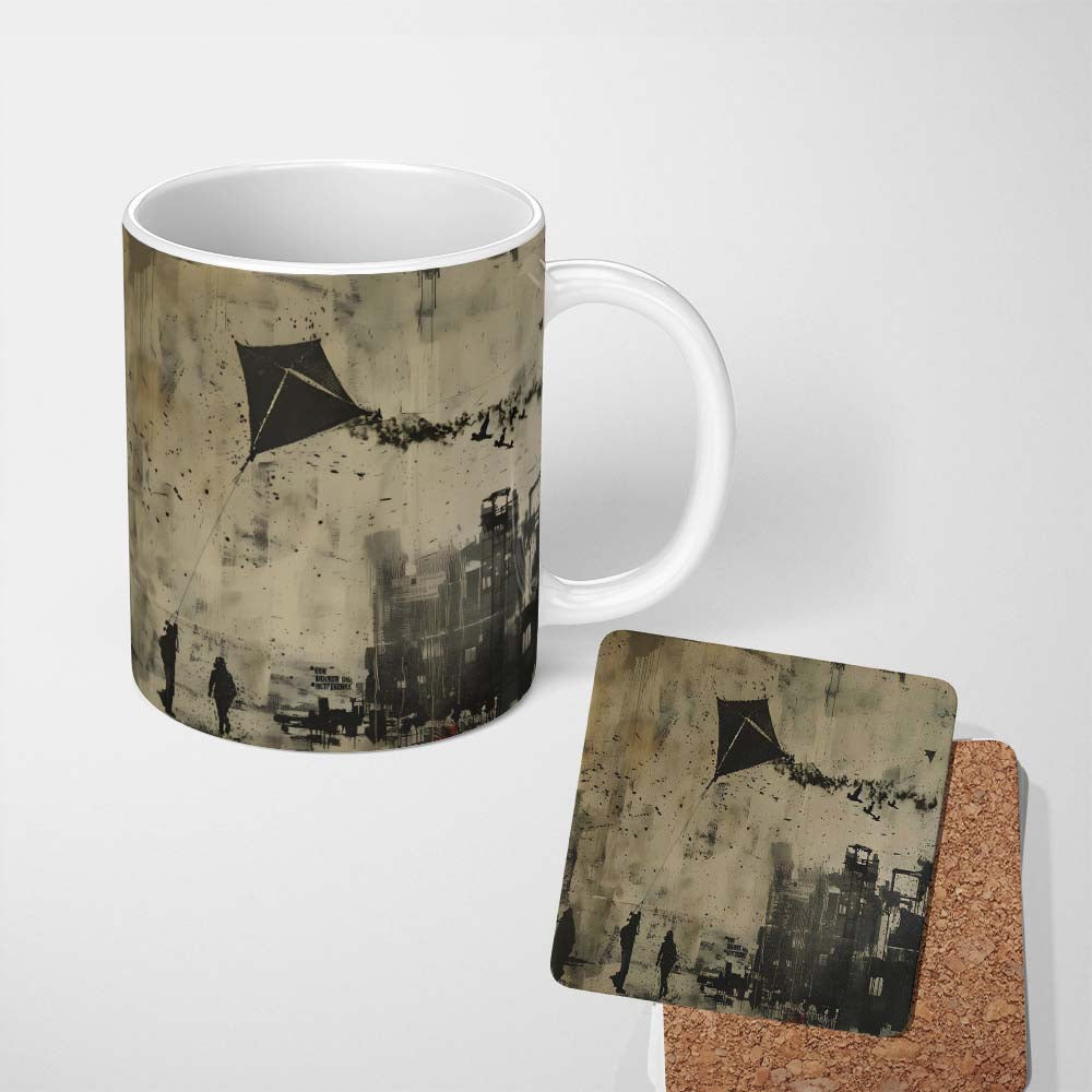Urban Kite Flying Over Industrial City Silhouette Art 11oz Ceramic Coffee Tea Mug White Large Handle