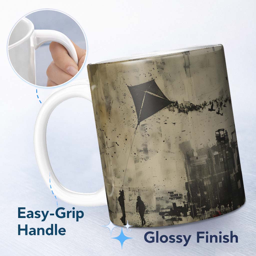 Urban Kite Flying Over Industrial City Silhouette Art 11oz Ceramic Coffee Tea Mug White Large Handle