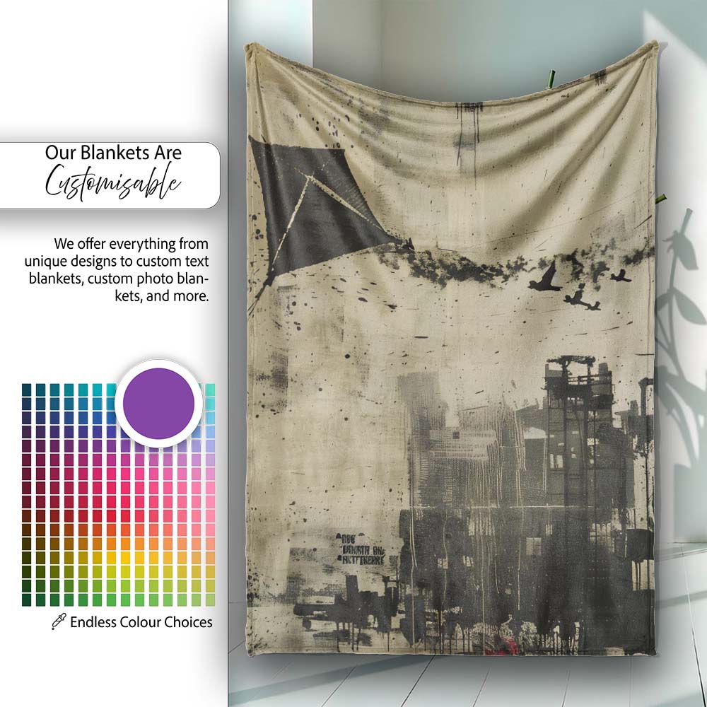 Urban Kite Flying Over Industrial City Silhouette Art, Decorative Comfortable Housewarming Gift - Super Soft Fleece Blanket Bed Sofa Throw