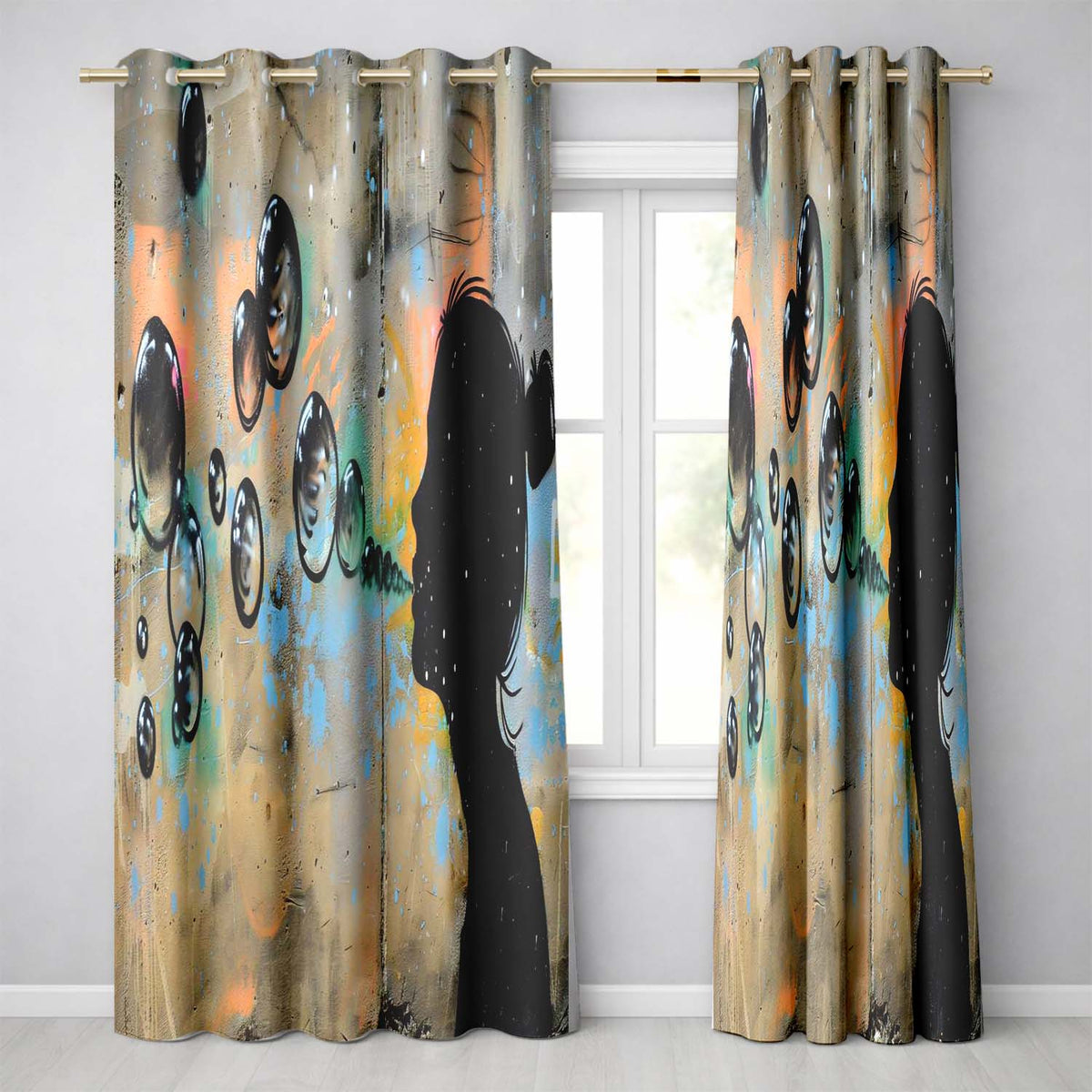 Girl Blowing Reflective Bubbles Colourful Street Art Artistic Wall Art Home Decor Readymade Eyelet Ring Top Thermal 100% Blackout Curtains