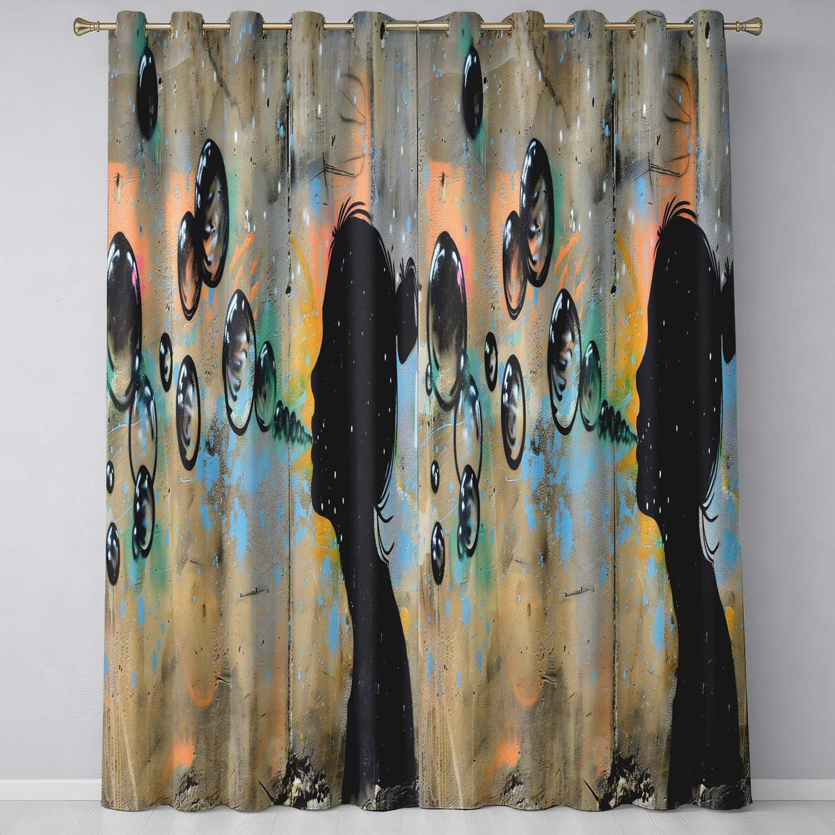 Girl Blowing Reflective Bubbles Colourful Street Art Artistic Wall Art Home Decor Readymade Eyelet Ring Top Thermal 100% Blackout Curtains