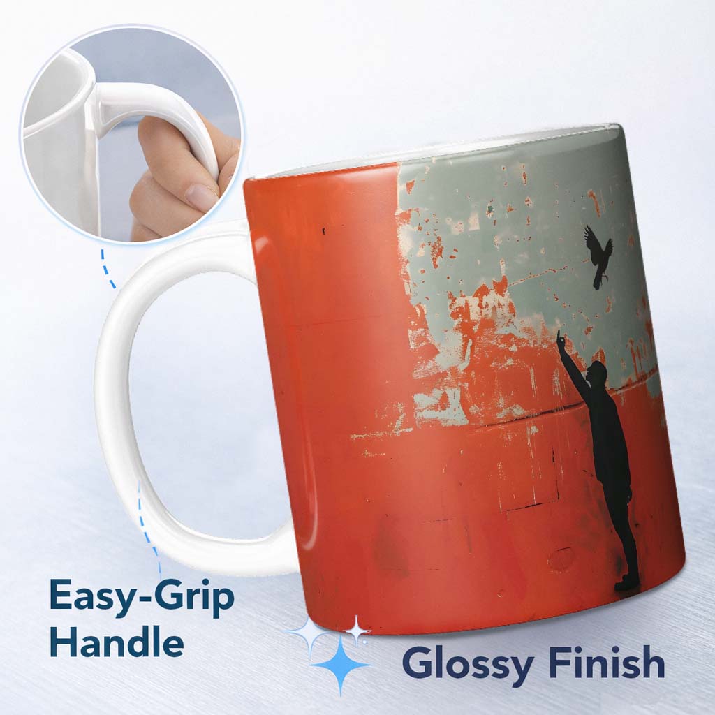 Red Minimal Figure Reaching for Flying Bird Art 11oz Ceramic Coffee Tea Mug White Large Handle