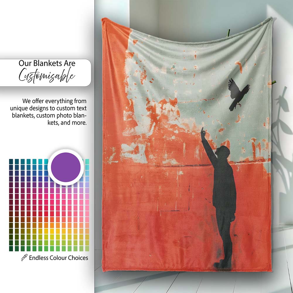 Red Minimal Figure Reaching for Flying Bird Art, Bedroom Living Room Accent, All Season Comfort - Super Soft Fleece Blanket Bed Sofa Throw