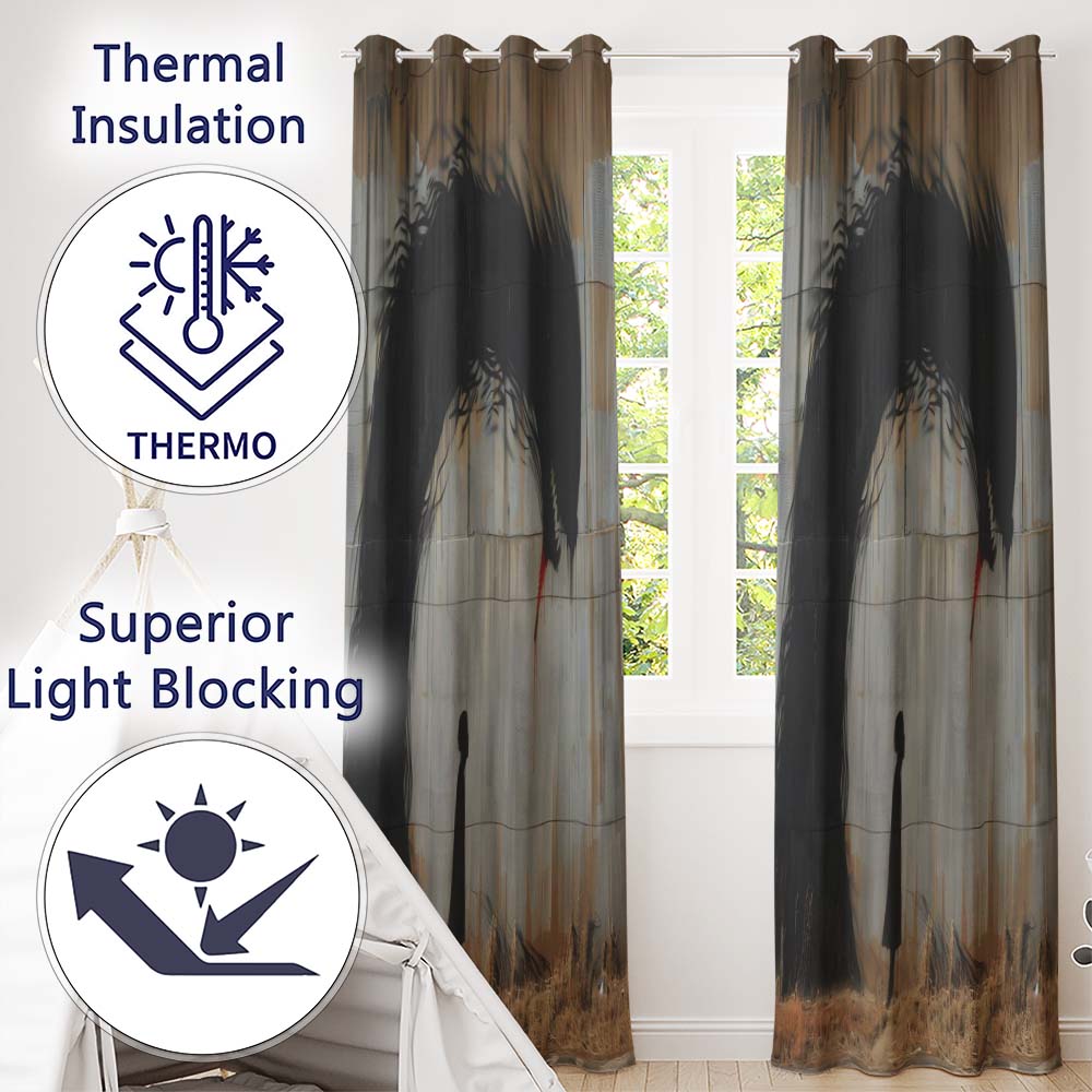 Giant Black Crow Looming Over Solitary Child Street Art Bold Wall Art Home Decor Readymade Eyelet Ring Top Thermal 100% Blackout Curtains