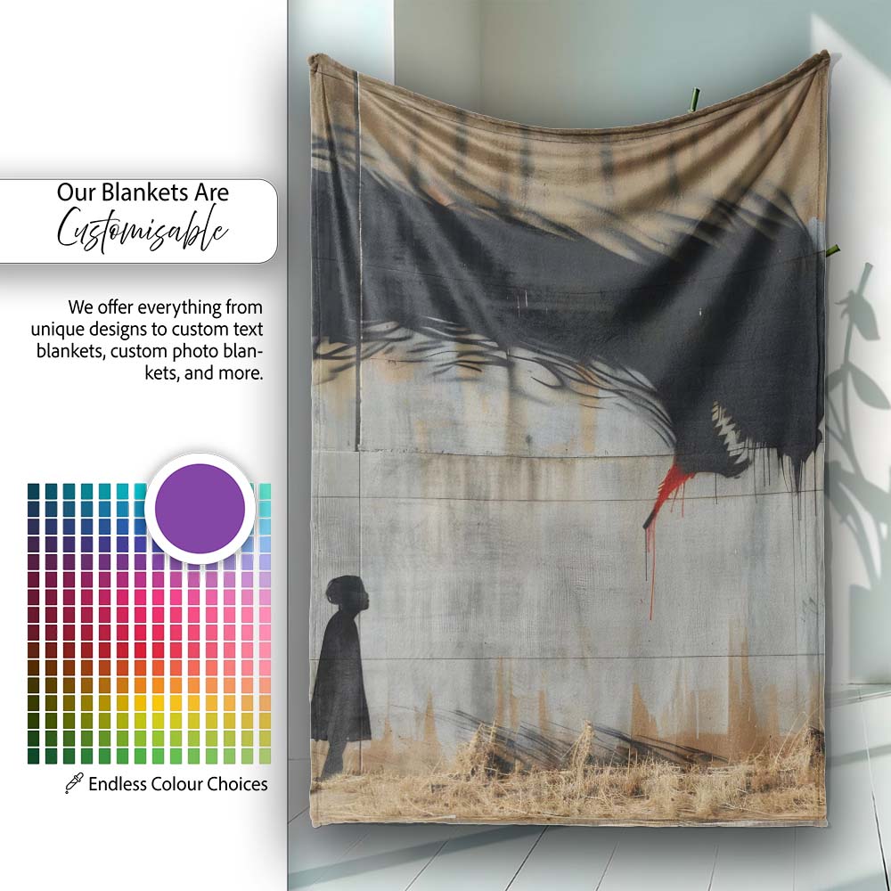 Giant Black Crow Looming Over Solitary Child Street Art, Artistic Comfortable Decorative Accent - Super Soft Fleece Blanket Bed Sofa Throw