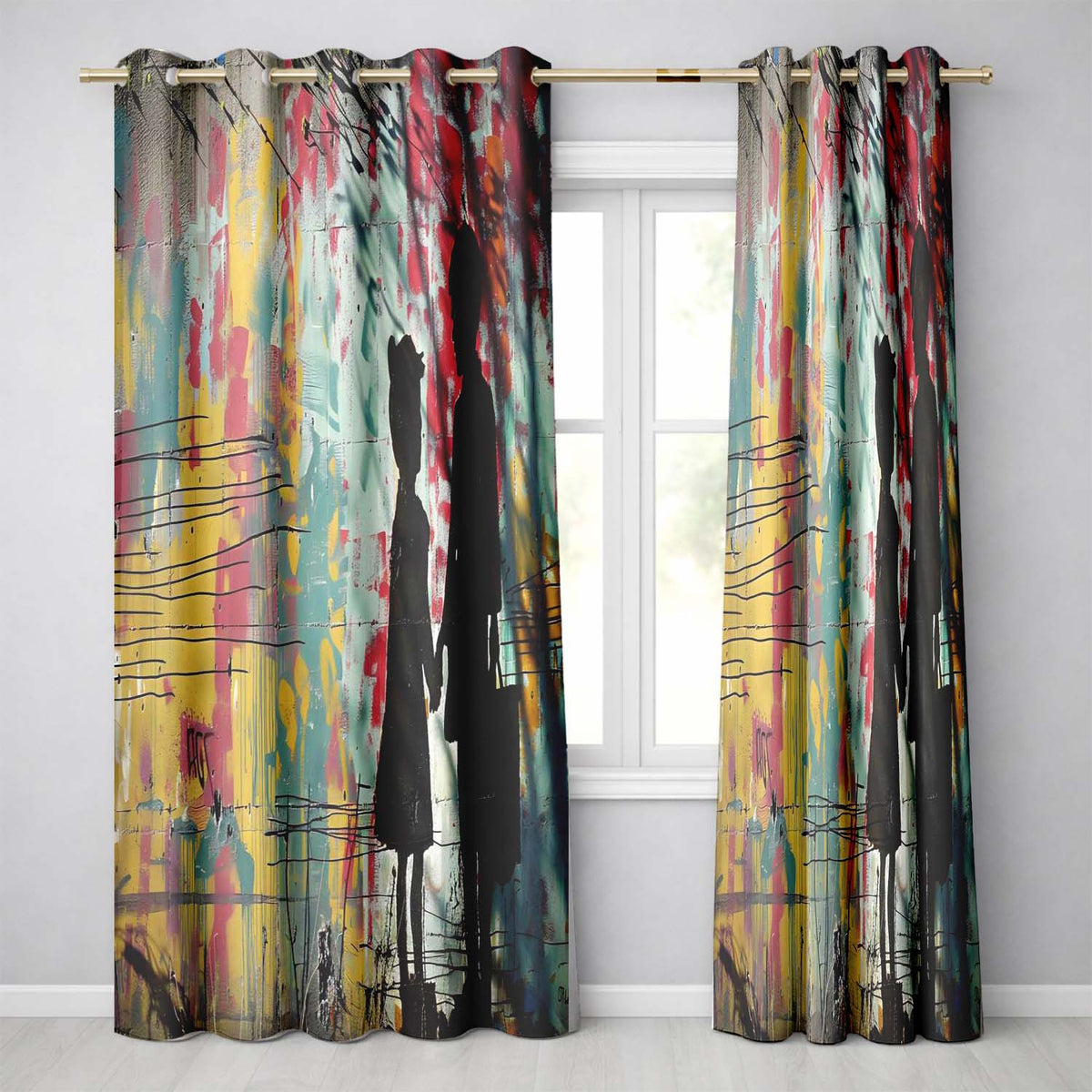 Children Holding Hands Colourful Graffiti Silhouette Creative Artistic Home Decor Readymade Eyelet Ring Top Thermal 100% Blackout Curtains