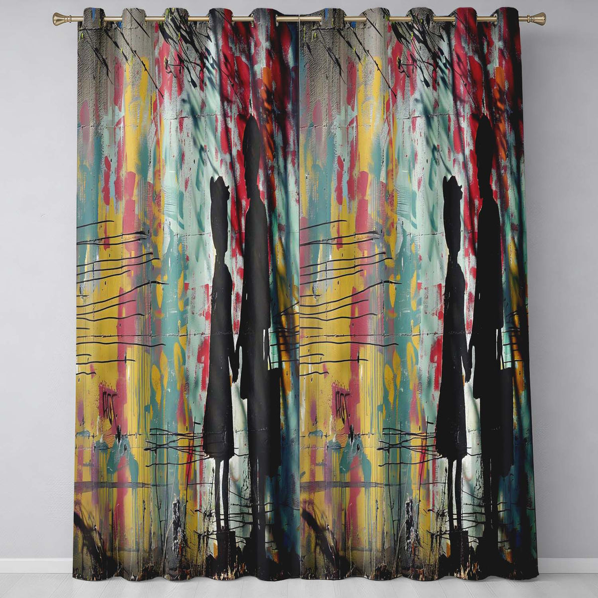 Children Holding Hands Colourful Graffiti Silhouette Creative Artistic Home Decor Readymade Eyelet Ring Top Thermal 100% Blackout Curtains