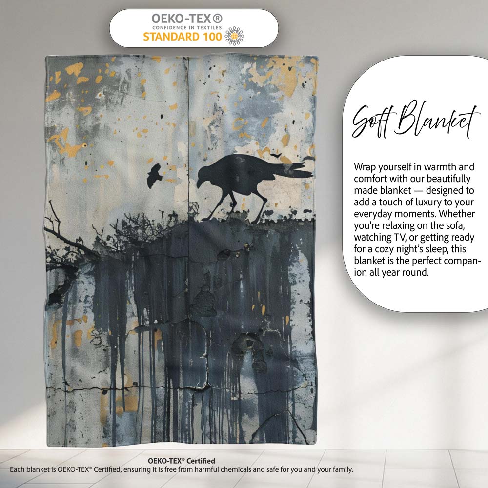 Minimalist Black Crow on Weathered Concrete Wall, All Season Comfort, Gift for Adults and Teens - Super Soft Fleece Blanket Bed Sofa Throw