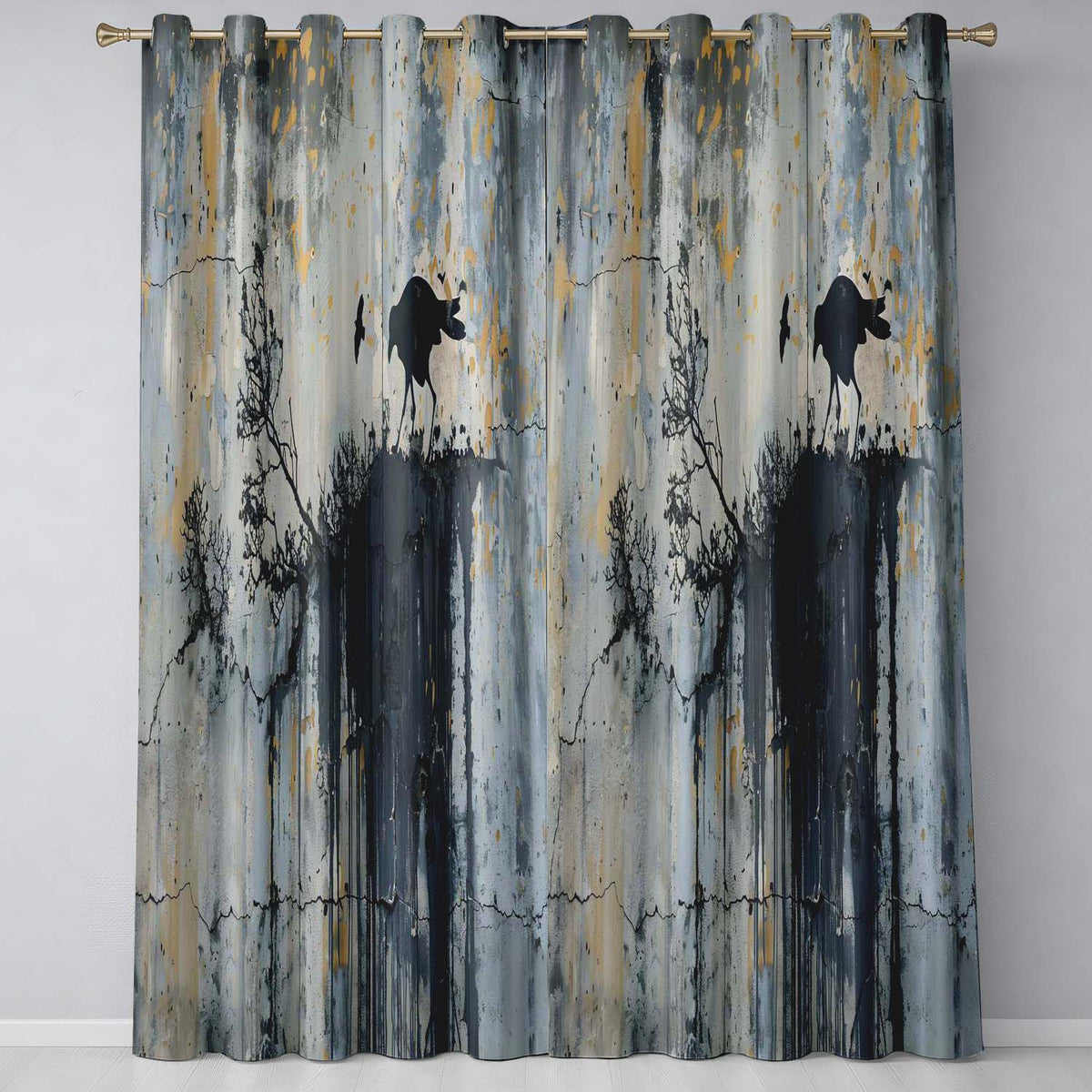 Minimalist Black Crow on Weathered Concrete Wall Unique Artwork for Bedroom Decor Readymade Eyelet Ring Top Thermal 100% Blackout Curtains