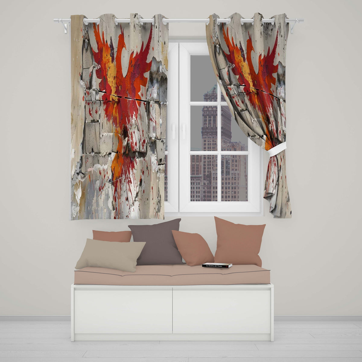 Red Phoenix Rising From Cracked Wall Street Art Vibrant Artwork for Bedroom Decor Readymade Eyelet Ring Top Thermal 100% Blackout Curtains