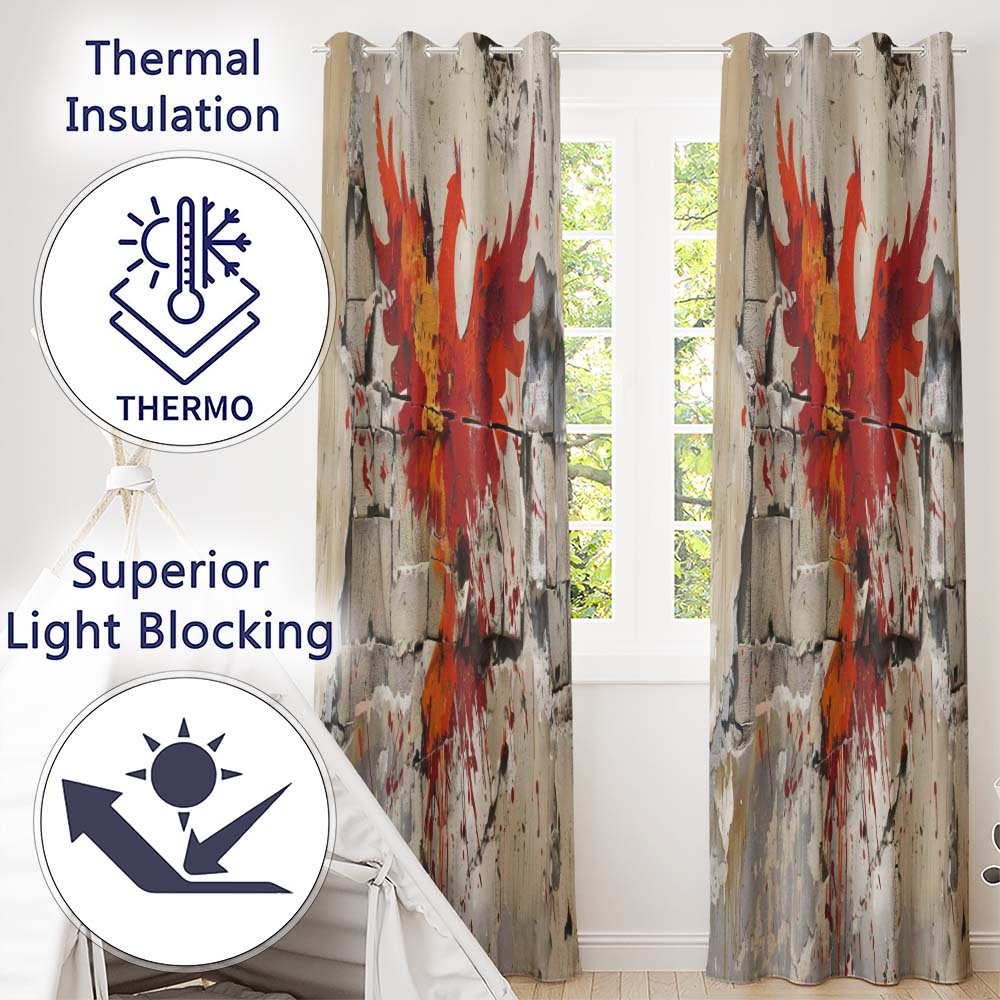 Red Phoenix Rising From Cracked Wall Street Art Vibrant Artwork for Bedroom Decor Readymade Eyelet Ring Top Thermal 100% Blackout Curtains