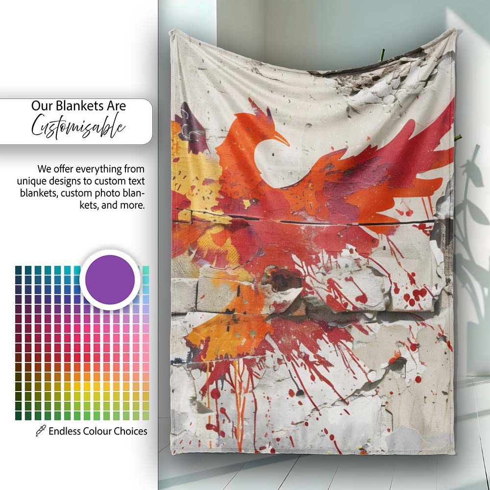 Red Phoenix Rising From Cracked Wall Street Art, Bedroom Living Room Accent, All Season Comfort - Super Soft Fleece Blanket Bed Sofa Throw