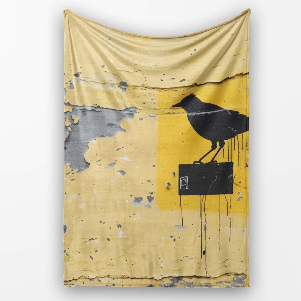Black Crow Perched on Yellow Utility Box Street Art, All Season Comfort, Modern Interior Accent - Super Soft Fleece Blanket Bed Sofa Throw
