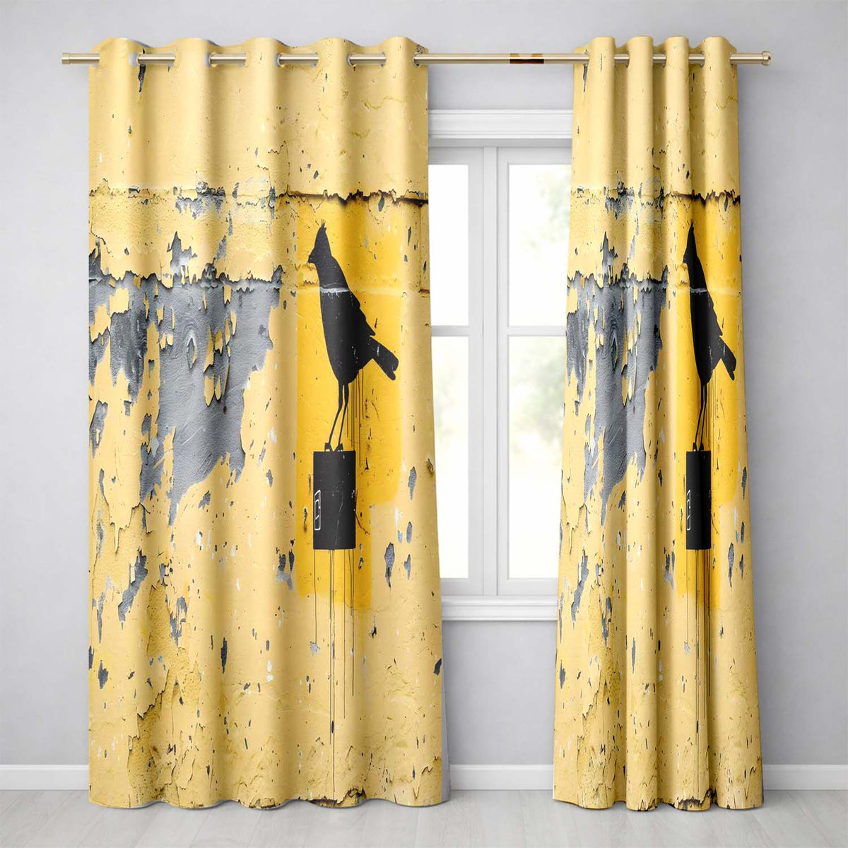 Black Crow Perched on Yellow Utility Box Street Art Elegant Design for Home Decor Readymade Eyelet Ring Top Thermal 100% Blackout Curtains