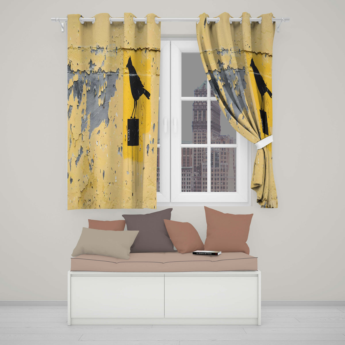 Black Crow Perched on Yellow Utility Box Street Art Elegant Design for Home Decor Readymade Eyelet Ring Top Thermal 100% Blackout Curtains