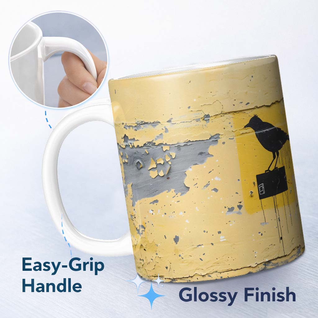 Black Crow Perched on Yellow Utility Box Street Art 11oz Ceramic Coffee Tea Mug White Large Handle
