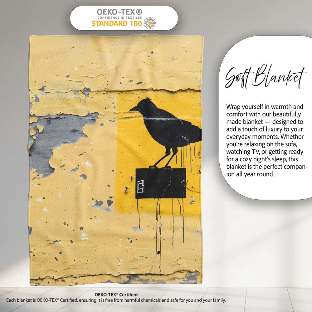 Black Crow Perched on Yellow Utility Box Street Art, All Season Comfort, Modern Interior Accent - Super Soft Fleece Blanket Bed Sofa Throw