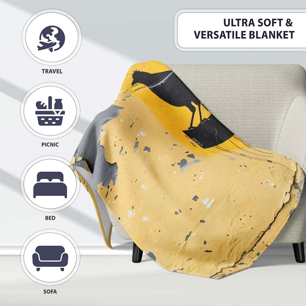 Black Crow Perched on Yellow Utility Box Street Art, All Season Comfort, Modern Interior Accent - Super Soft Fleece Blanket Bed Sofa Throw