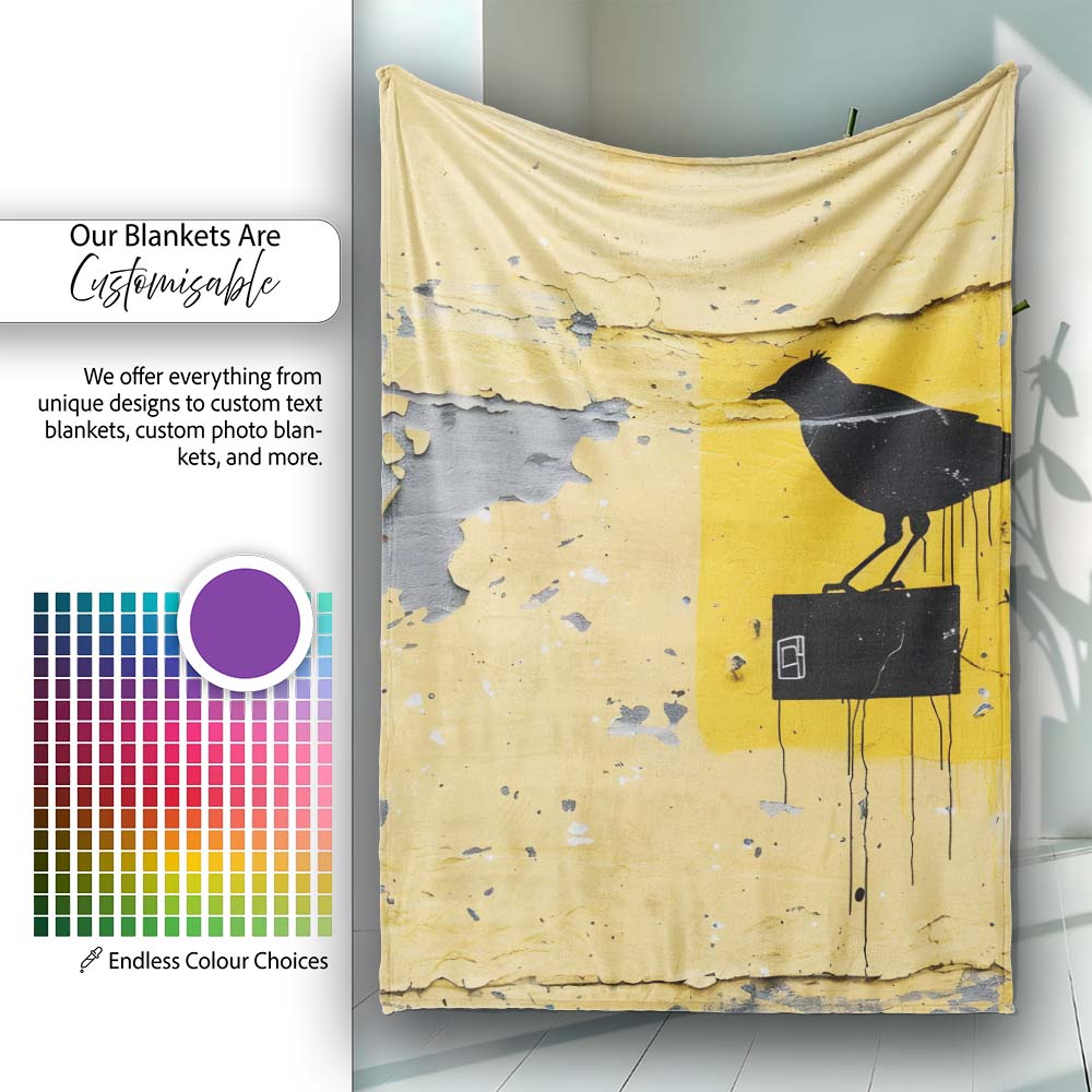 Black Crow Perched on Yellow Utility Box Street Art, All Season Comfort, Modern Interior Accent - Super Soft Fleece Blanket Bed Sofa Throw