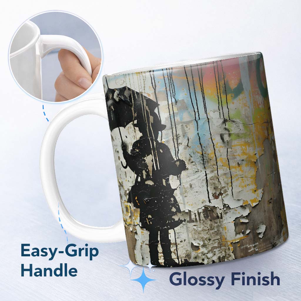 Child Holding Umbrella on Weathered Colourful Wall 11oz Ceramic Coffee Tea Mug White Large Handle