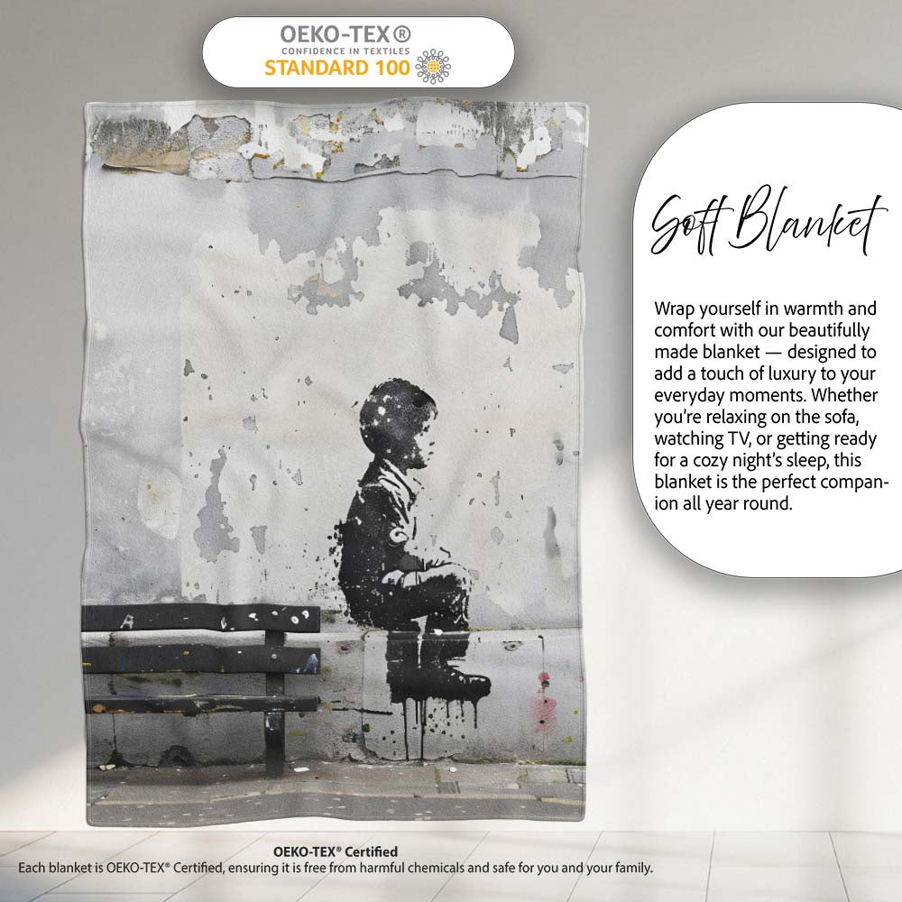 Lonely Child Sitting by Urban Bench Street Art, Lightweight Warm Gift, Comfortable Everyday Use - Super Soft Fleece Blanket Bed Sofa Throw