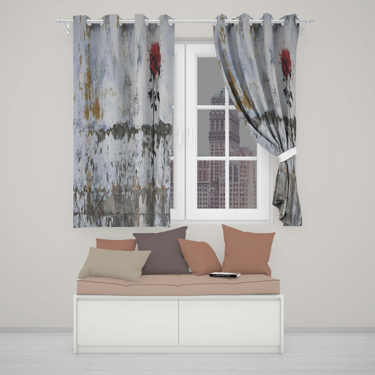 Single Red Rose on Distressed White Wall Artistic Creative Artwork for Home Decor Readymade Eyelet Ring Top Thermal 100% Blackout Curtains