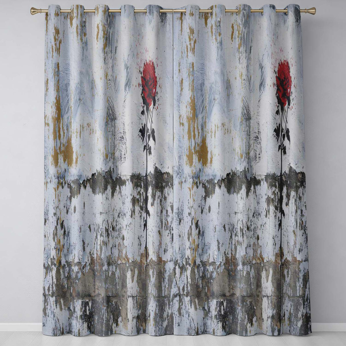 Single Red Rose on Distressed White Wall Artistic Creative Artwork for Home Decor Readymade Eyelet Ring Top Thermal 100% Blackout Curtains