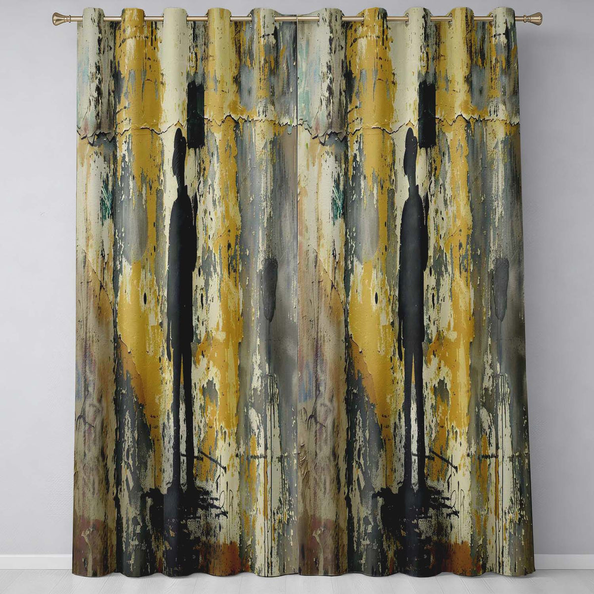 Yellow Grey Protest Figure with Placard Graffiti Contemporary Artistic Home Decor Readymade Eyelet Ring Top Thermal 100% Blackout Curtains