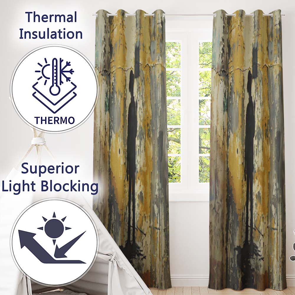 Yellow Grey Protest Figure with Placard Graffiti Contemporary Artistic Home Decor Readymade Eyelet Ring Top Thermal 100% Blackout Curtains