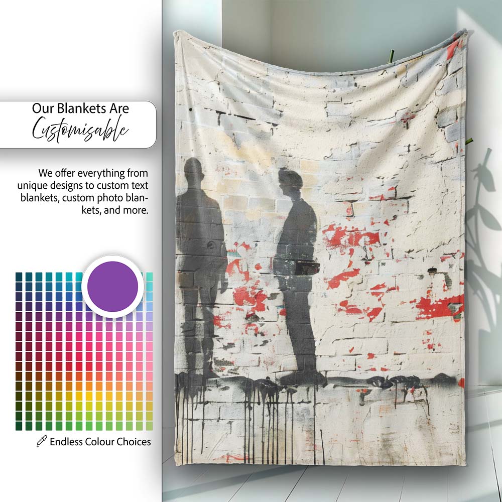 Three Shadow Figures on White Brick Graffiti Wall, All Season Comfort, Comfortable Everyday Use - Super Soft Fleece Blanket Bed Sofa Throw