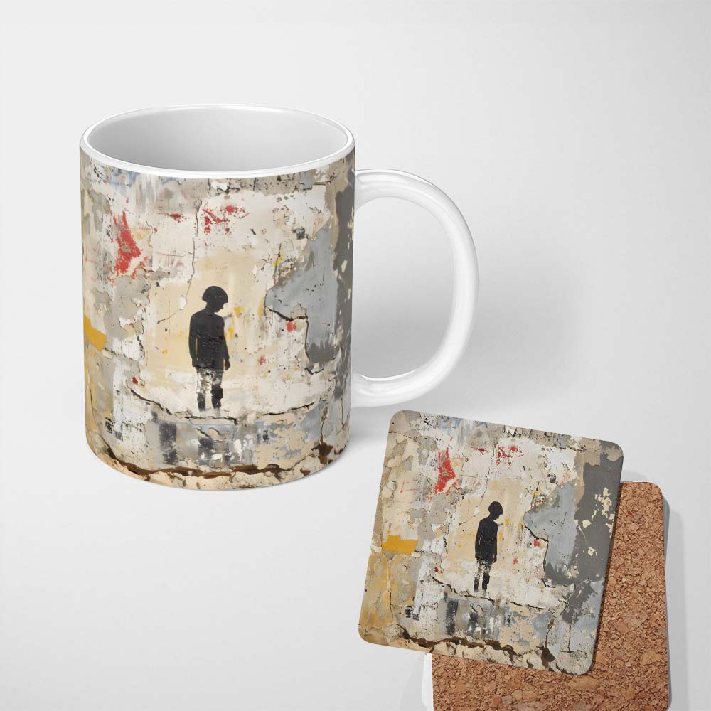 Lonely Child Silhouette on Distressed Cream Wall 11oz Ceramic Coffee Tea Mug White Large Handle