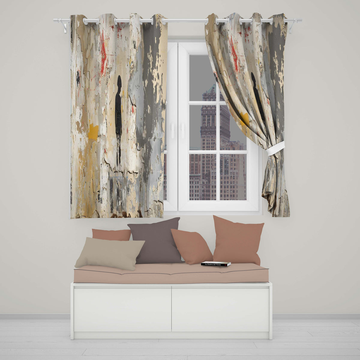 Lonely Child Silhouette on Distressed Cream Wall Unique Artwork for Bedroom Decor Readymade Eyelet Ring Top Thermal 100% Blackout Curtains