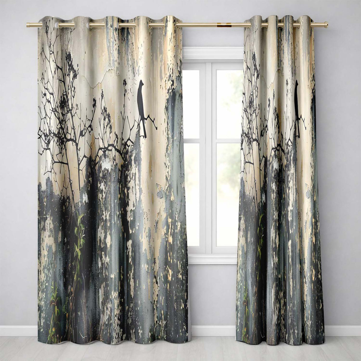 Bird on Bare Branch Grey Urban Graffiti Distinctive Artwork for Living Room Decor Readymade Eyelet Ring Top Thermal 100% Blackout Curtains