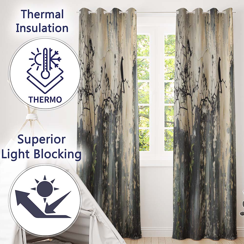Bird on Bare Branch Grey Urban Graffiti Distinctive Artwork for Living Room Decor Readymade Eyelet Ring Top Thermal 100% Blackout Curtains