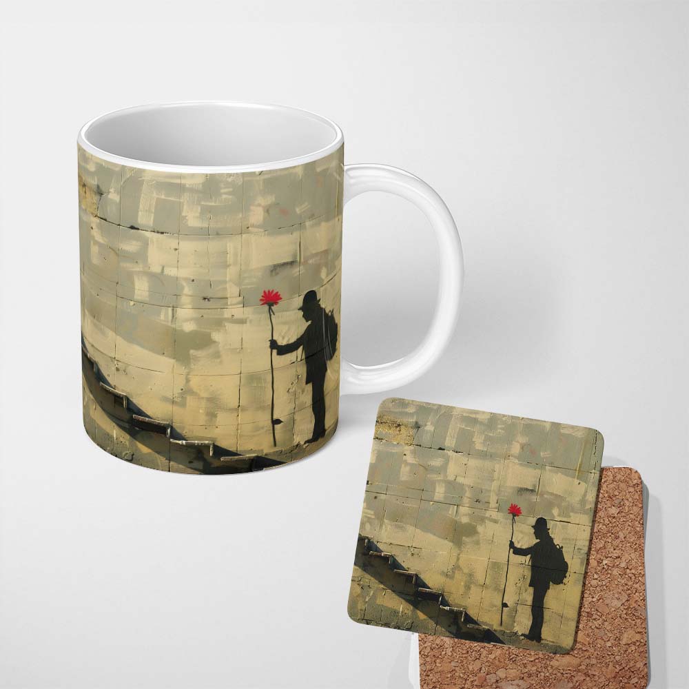 Traveller Holding Red Flower Beside Stairs 11oz Ceramic Coffee Tea Mug White Large Handle