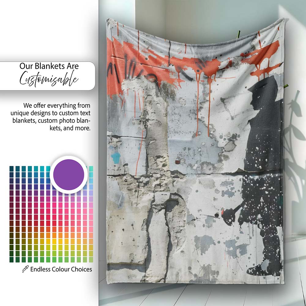 Hooded Child Silhouette on Grey Orange Graffiti, Bedroom Living Room Accent, All Season Comfort - Super Soft Fleece Blanket Bed Sofa Throw