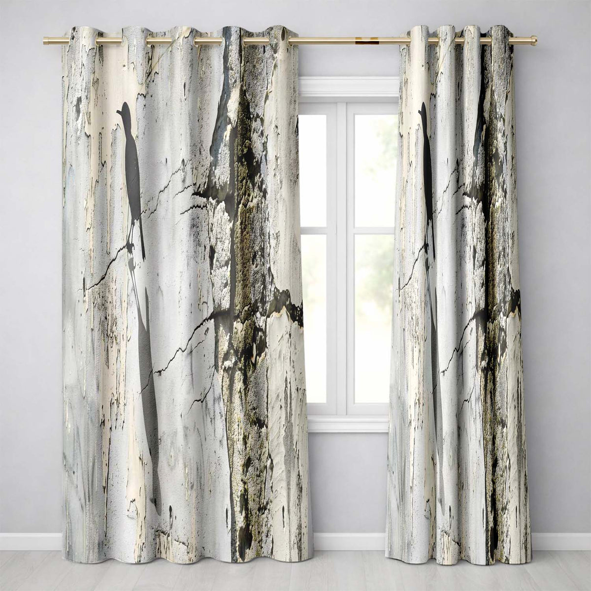Black Bird Shadow on Cracked White Wall Vibrant Artwork for Modern Interior Decor Readymade Eyelet Ring Top Thermal 100% Blackout Curtains
