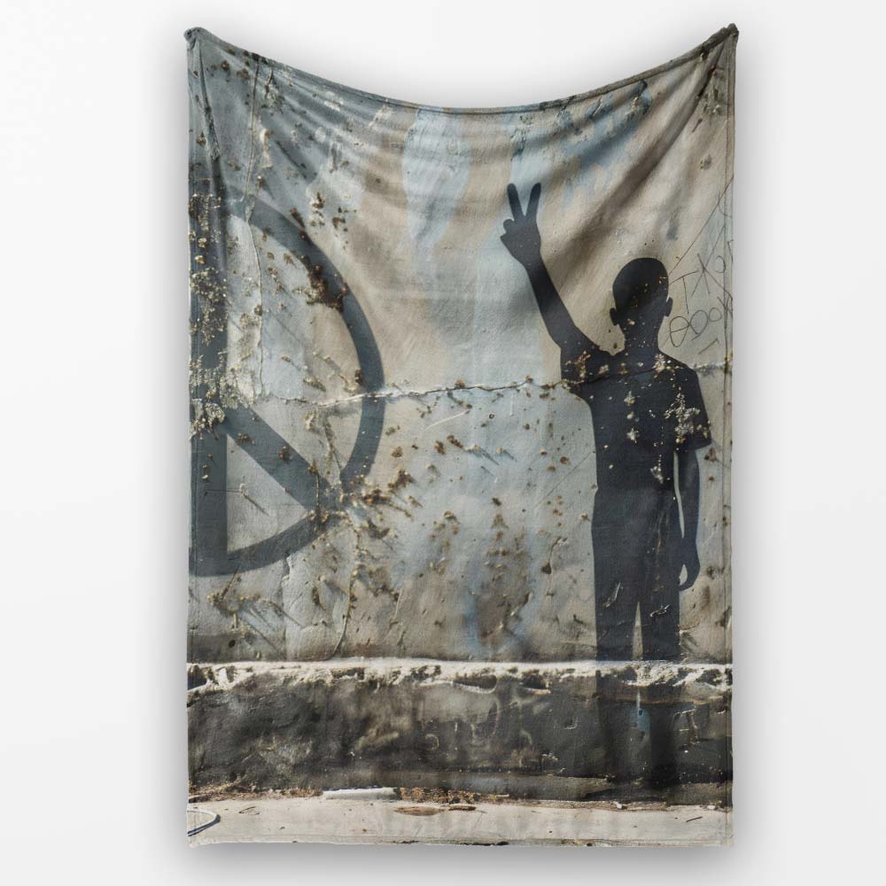 Peace Sign Child Silhouette Grey Street Art, Bedroom Living Room Accent, Unique Artistic Design - Super Soft Fleece Blanket Bed Sofa Throw