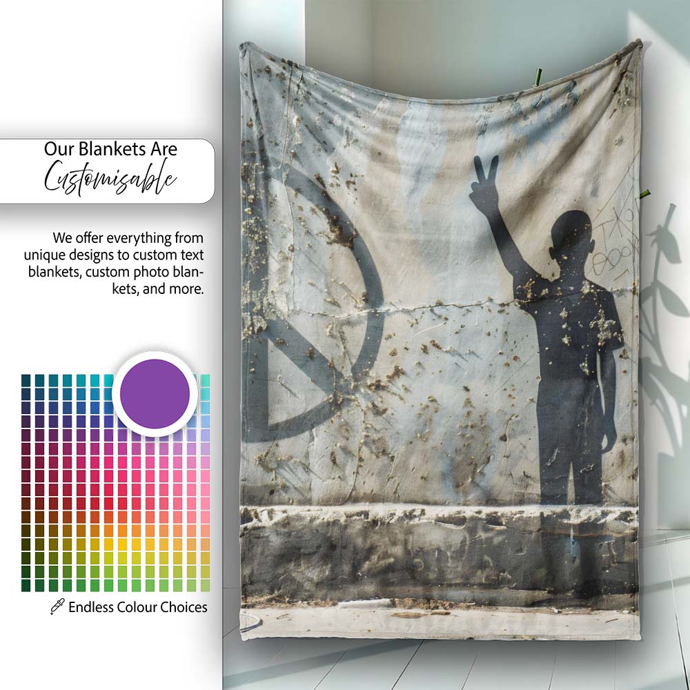 Peace Sign Child Silhouette Grey Street Art, Bedroom Living Room Accent, Unique Artistic Design - Super Soft Fleece Blanket Bed Sofa Throw