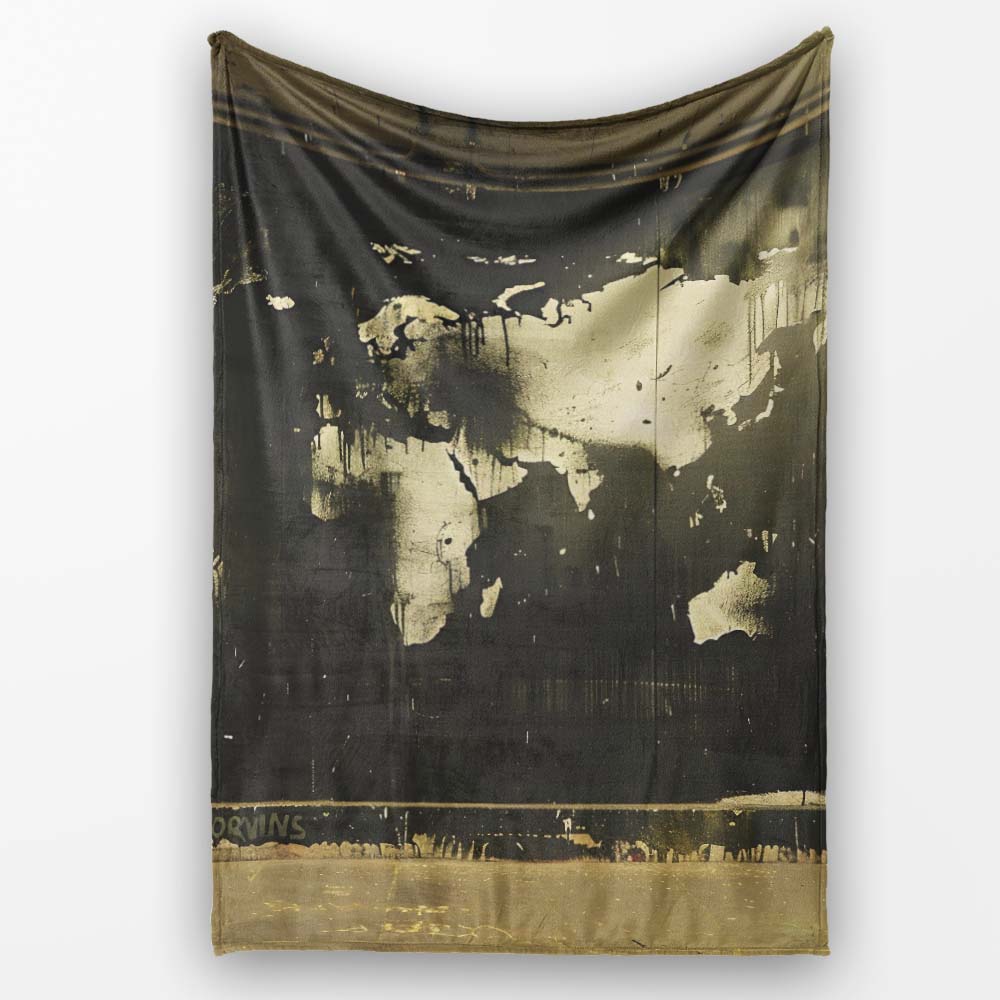 Black World Map on Dark Grunge Wall, Cozy Home Decor, Lightweight Warm Gift, All Season Comfort - Super Soft Fleece Blanket Bed Sofa Throw