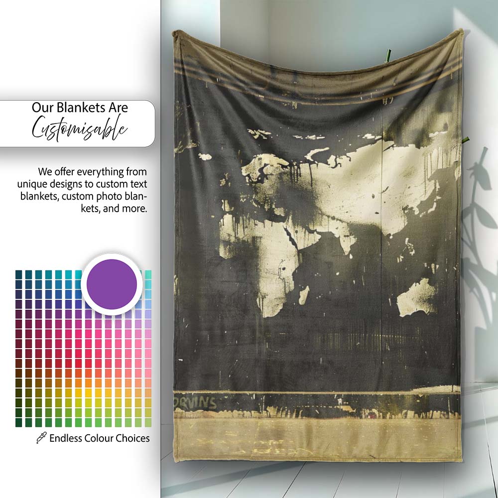 Black World Map on Dark Grunge Wall, Cozy Home Decor, Lightweight Warm Gift, All Season Comfort - Super Soft Fleece Blanket Bed Sofa Throw
