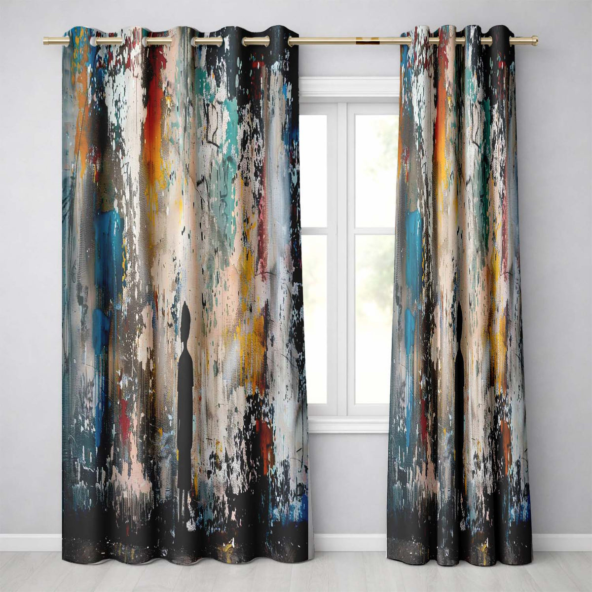 Boy Silhouette Before Colourful Abstract Graffiti Distinctive Wall Art Home Decor Readymade Eyelet Ring Top Thermal 100% Blackout Curtains